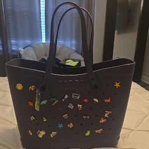 CROCS Dark Purple Tote with Colorful Charms
